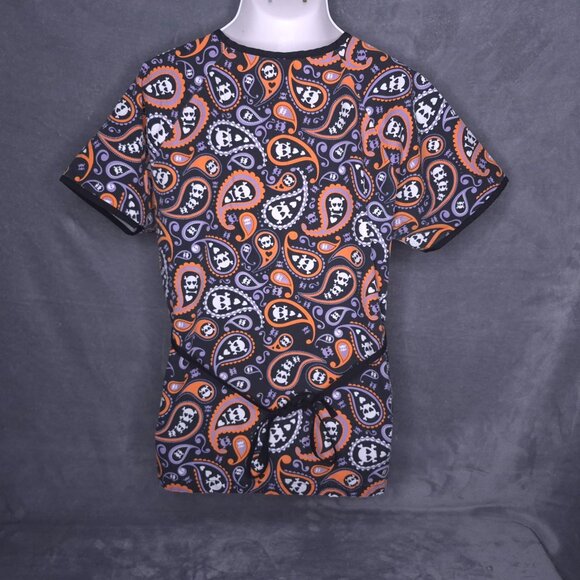 US Scrubs Top Halloween Paisley Skull Print Scrub Shirt Large Pockets Tie Back - Picture 3 of 6